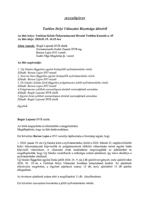 Jegyzokonyv Tetetlen Helyi Valasztqsi Bizottsag 20260119 uleserol