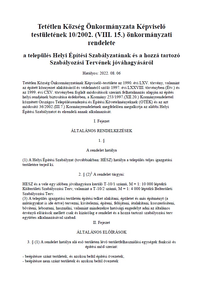 10 2002 VIII 15 rendelet a telepules Helyi Epitesi Szabalyzatanak es a hozza tartozo Szabalyozasi Tervenek jovahagyasarol