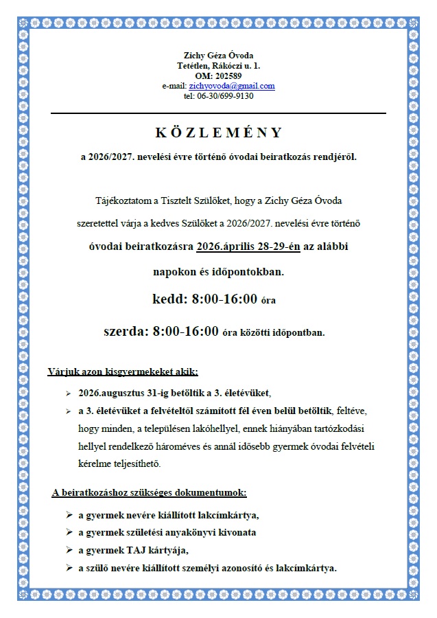 Ovodai beiratkozas 2026 2027