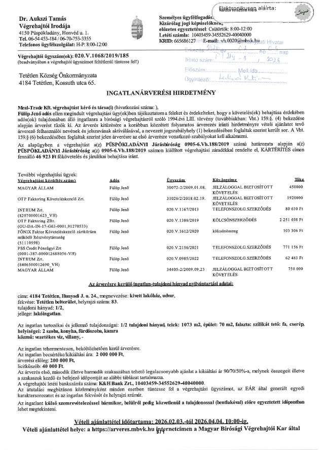 Ingatlanarveresi hirdetmeny 020V10682019185