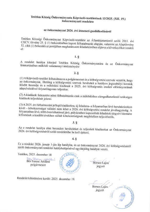 13 2025 XII 19 rendelet a 2026 evi atmeneti gazdalkodasrol