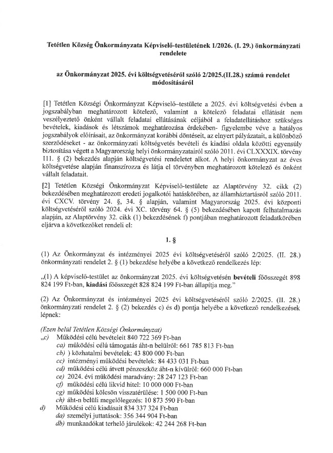 1 2026 I 29 onk rendelet a 2025 evi koltsegvetesi rendelet modositasarol. es mellekletei
